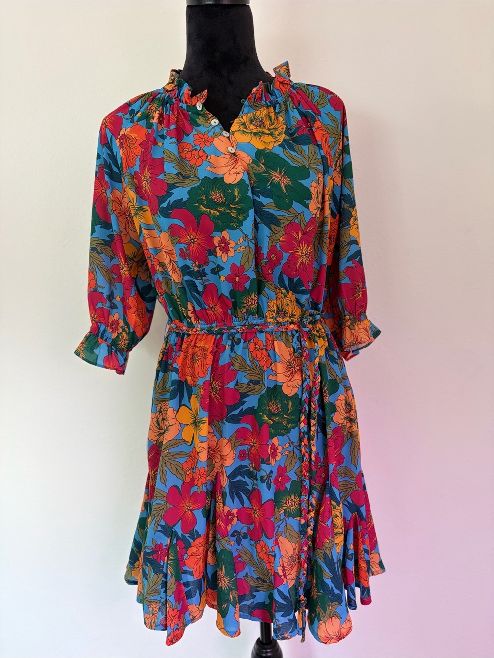 Floral Tie-Waist Mini Dress in Multicolor